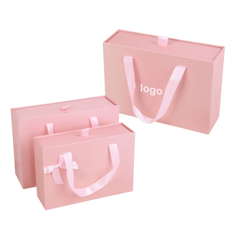 Luxury Custom Logo Pink Handbag Paper Gift Drawer Boxes For Packaging Clothes With Ribbon