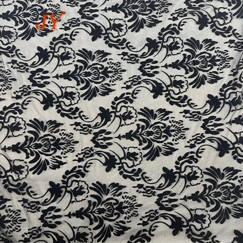 KF073 High Quality  Custom Patterns  Nylon Printed 4ways printing flocking Stretch Mesh Fabric For Clothing
