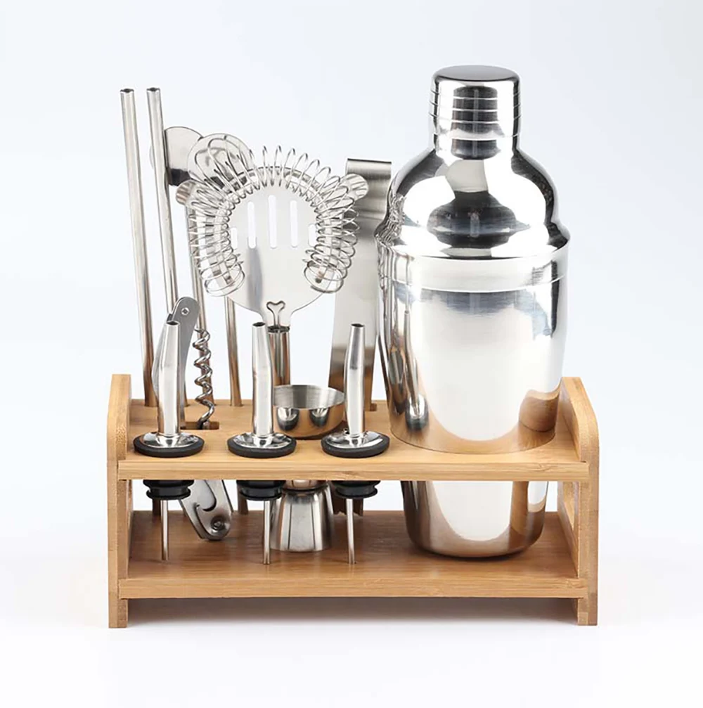 
Silver cocktail bar accessories 12pcs set stainless steel shaker cocktail gift barware tool set customized bamboo wood stand 