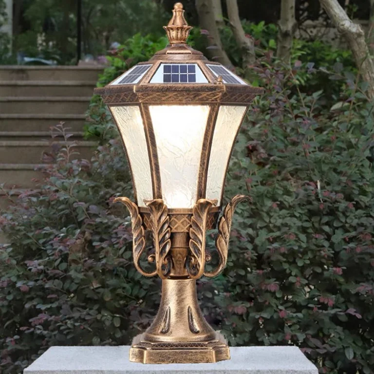 European style antique copper outdoor solar column headlight dual-purpose outdoor waterproof villa entrance guard light