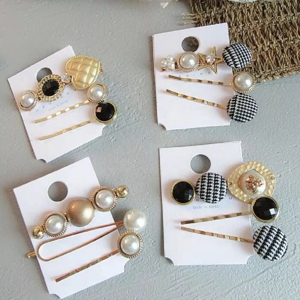 3pcs/1Set Fashion Button Pearl Hair Clips Metal Heart Star Crystal Hair Accessories