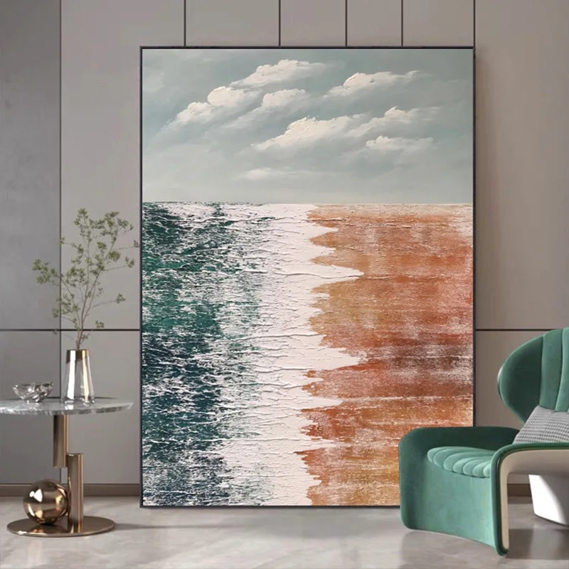 Hand Painted Abstract Canvas Wall Art Beach Waves Picture Living Room Home Decor with Frame Oil Painting