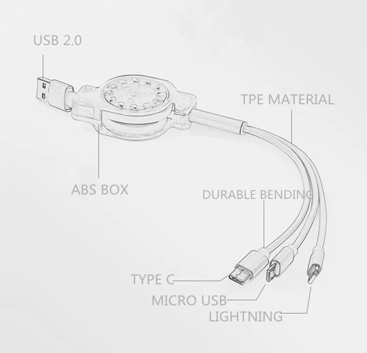 multifunction Fast Charge cable short micro charger data mobile phone retractable 3 in 1 usb cable