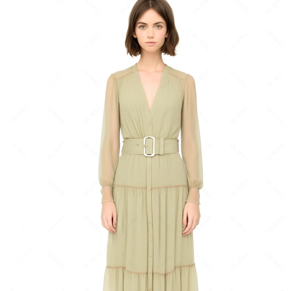 ODM High Quality V Neck Button Fly Belted Chiffon Midi Dress Custom Casual Dresses