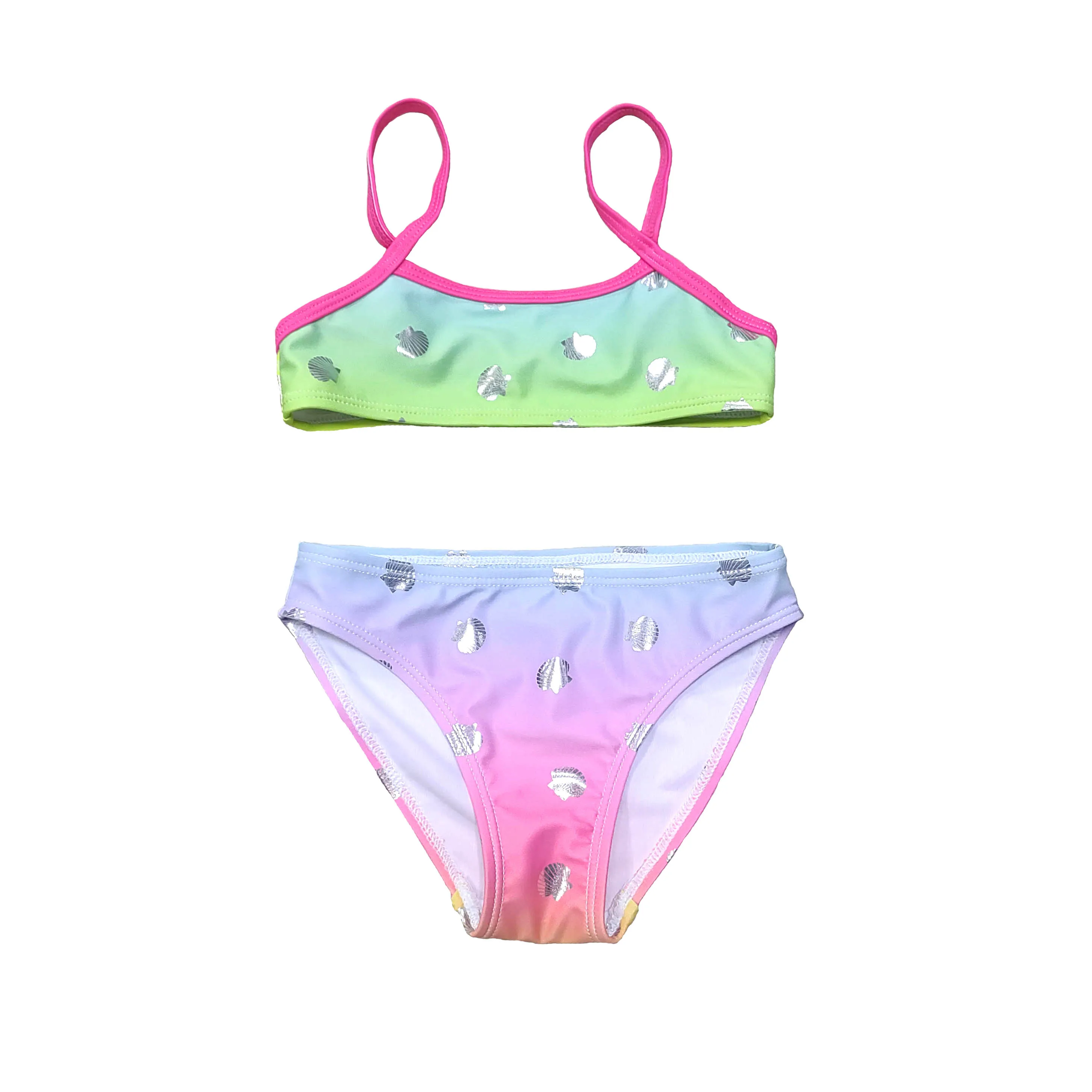 Gradient Color Hot Silver Shiny Shell Two Pieces Sets Micro Bikini Sets For Girls