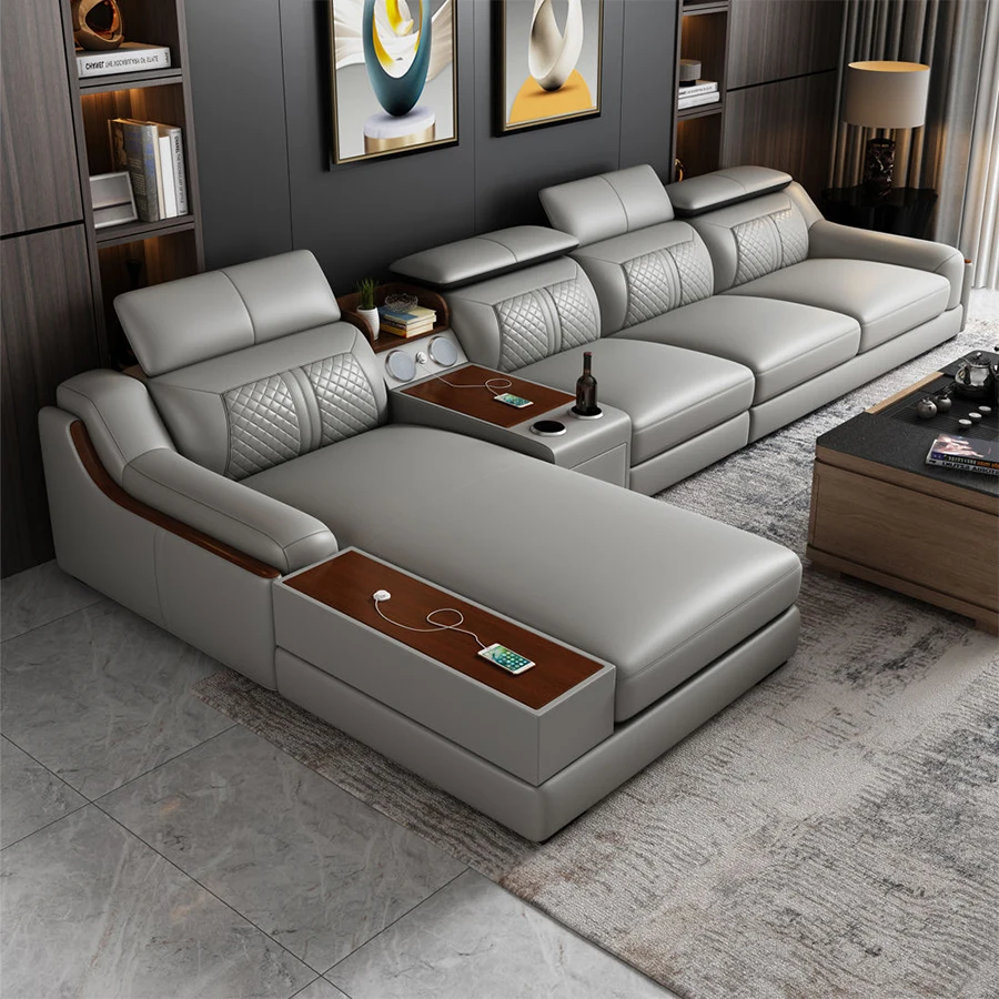 Modern Living Room Sofa Set Genuine Leather Sofas with USB Music Speaker