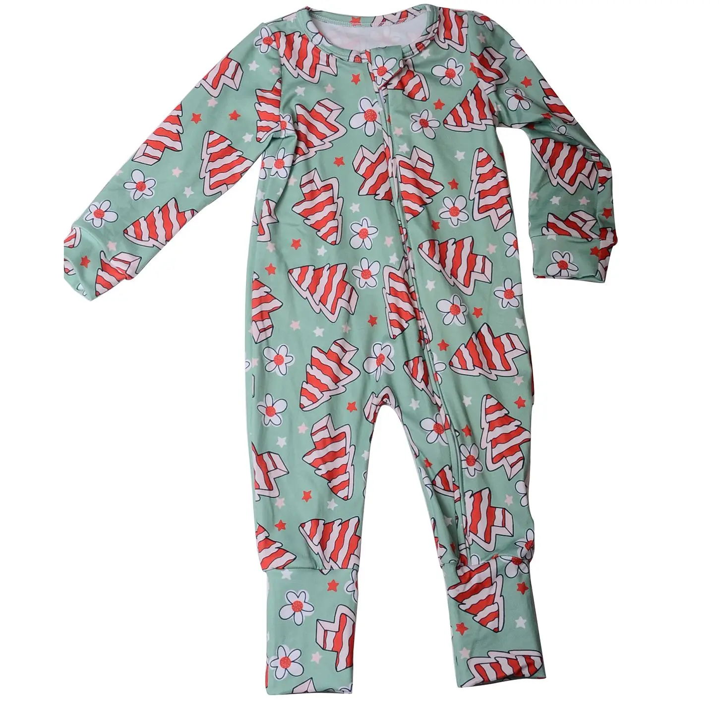 230g cotton/bamboo Custom Christmas Printed Girls Jumpsuit Long Folding feet Romper Babies Zip-Up Pajamas