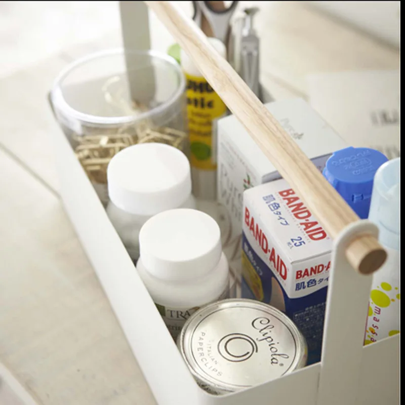 Japanese style desktop iron cosmetic portable large storage box with wooden handle