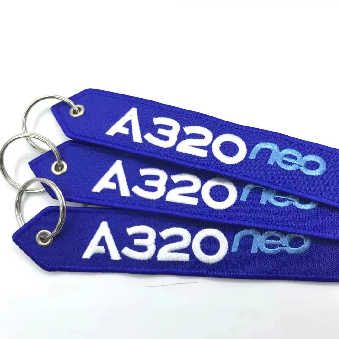 Oem Service Hot Sale Double Sides Label Airbus A320 Fabric Key Chain Embroidery Keychain Strap