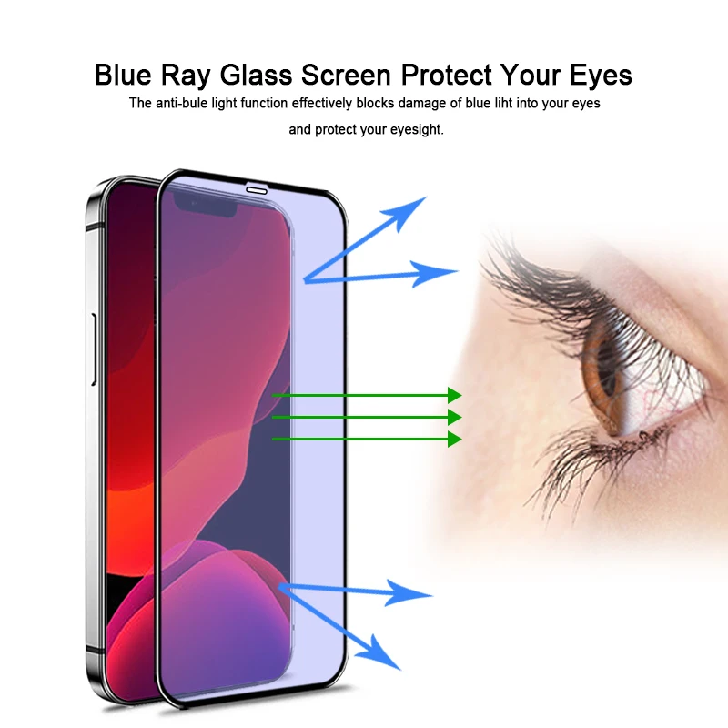 Premium wholesale mobile phone protector anti blue light filter silk print glass screen film with pack for iPhone 12 13