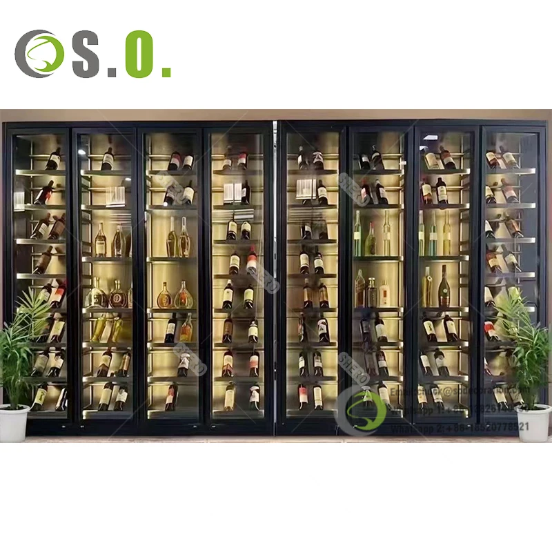 Luxury Whiskey Display Cabinet Liquor Wine Rack Commercial Aluminum Frame Glass Doors Wine Luxury Cabinet With Light