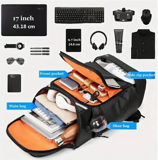 waterproof backpack with shoe bag,17 inch large men`s backpack for laptop,multi functional hiking backpack water resistant