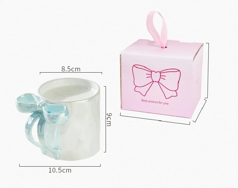 wholesale creative personality pearl glaze ceramic coffee mug 3D bow shape handle cup irregular bow embossed gift for girs