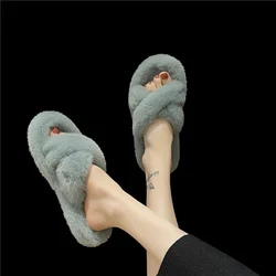 Factory Wholesale Women Fashion Fur Slides Indoor Outdoor Home Fluffy Furry Vegan Fur Slippers