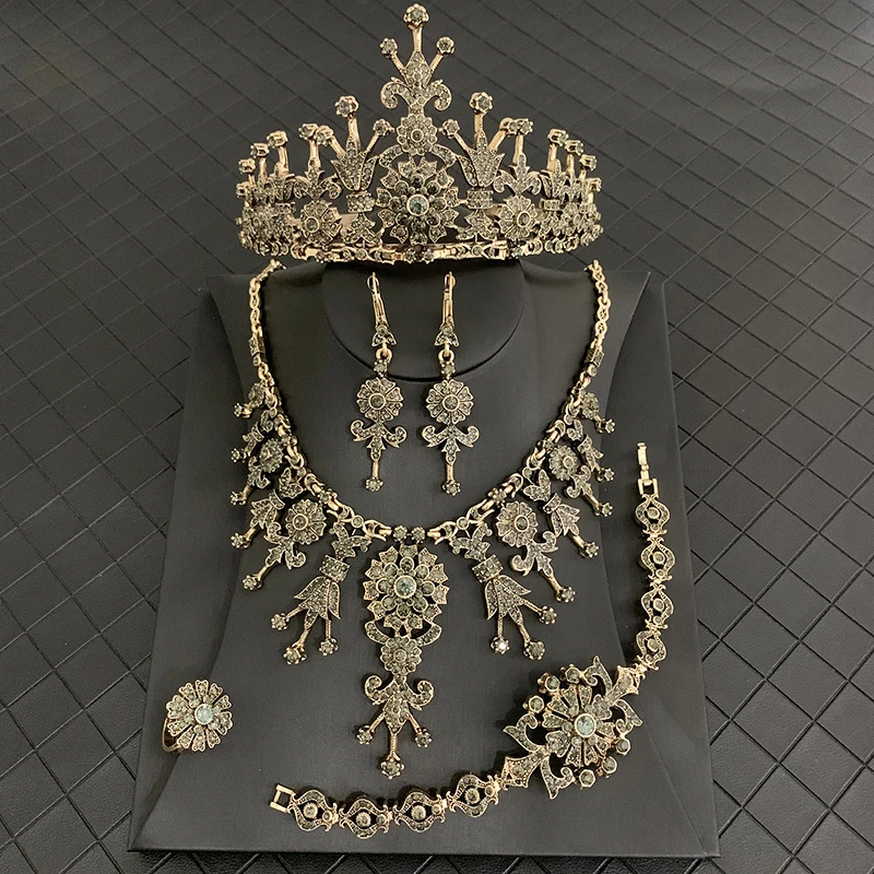 Turkish Wedding Jewelry Set Ladies Earrings Necklace Bracelet Ring Crown Arabian Bronze Bridal Gift Bijoux