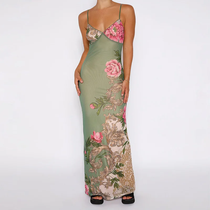 YY1819 fashion women spaghetti strap floral holiday maxi long dress trendy summer women clothing 2024