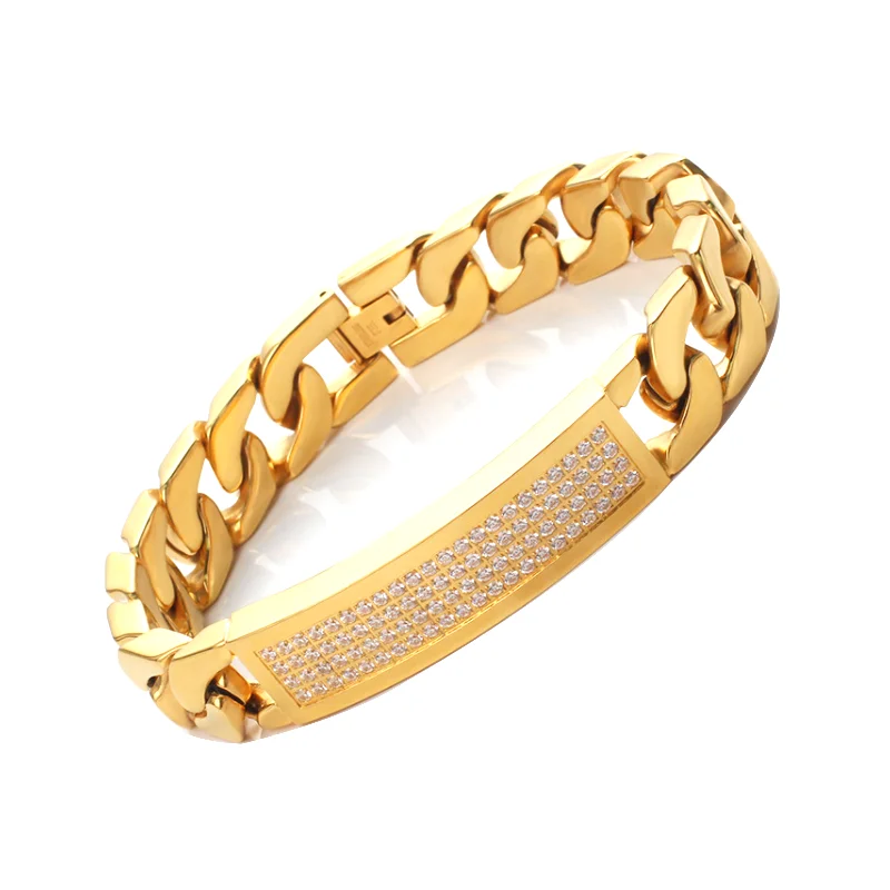 Luxury Stainless steel 18k gold cuban link chain bracelet for boys/men 18K gold pvd plating zircon stone setting bracelets