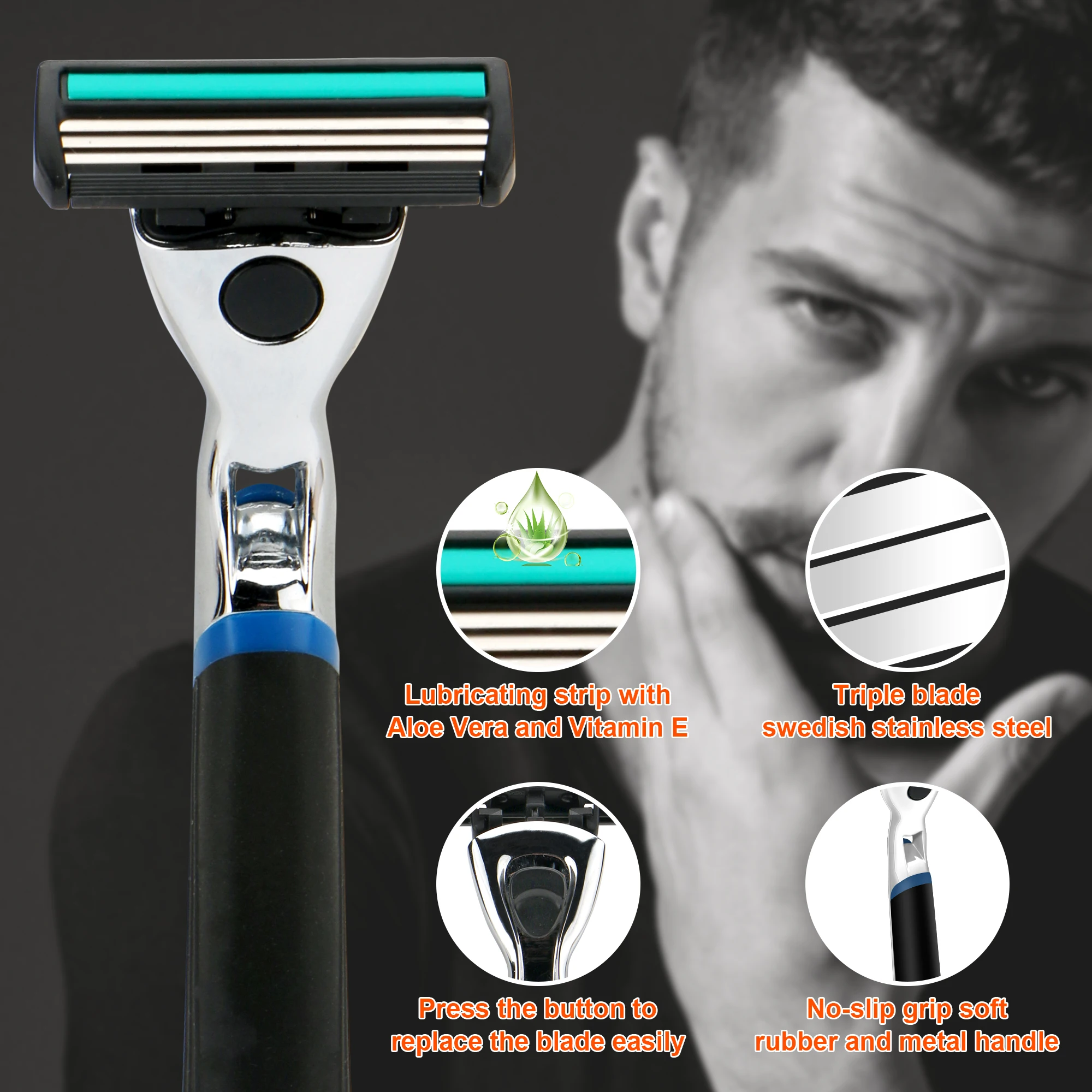 Men System Razor Triple Blade Razor Metal Handle Stainless Steel Blade with Space Blade