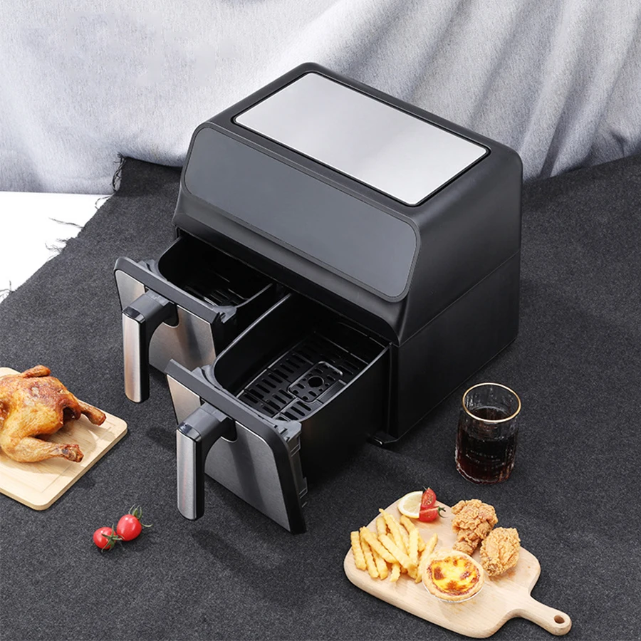 8 L PP+SS Electric 4L + 4L 360 Hot Air 2 Door Double Zone Chamber Baskets Digital Deep Air Fryer Oven with Two Drawer Pot