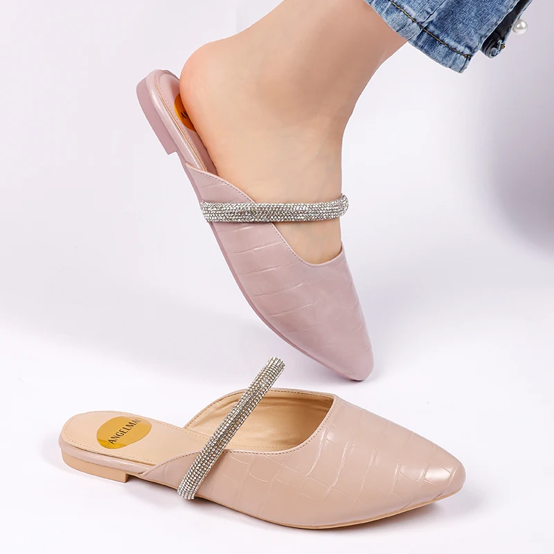 Latest Rhinestone Chain Hollow Out Mules Women Ballet Flats Half Shoes Comfortable Casual Pointy Toe Leather Slipper Close Shoes