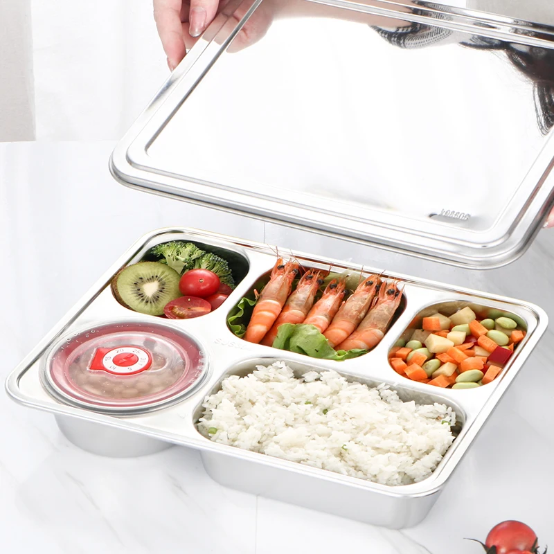 
304 stainless steel rectangular divided dinner tray 5 sections dinner plates 