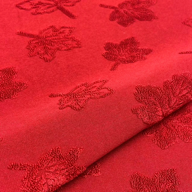 Wholesale 98 polyester 2 spandex knit maple leaf red baby terry 240GSM jacquard towel fabric for clothing