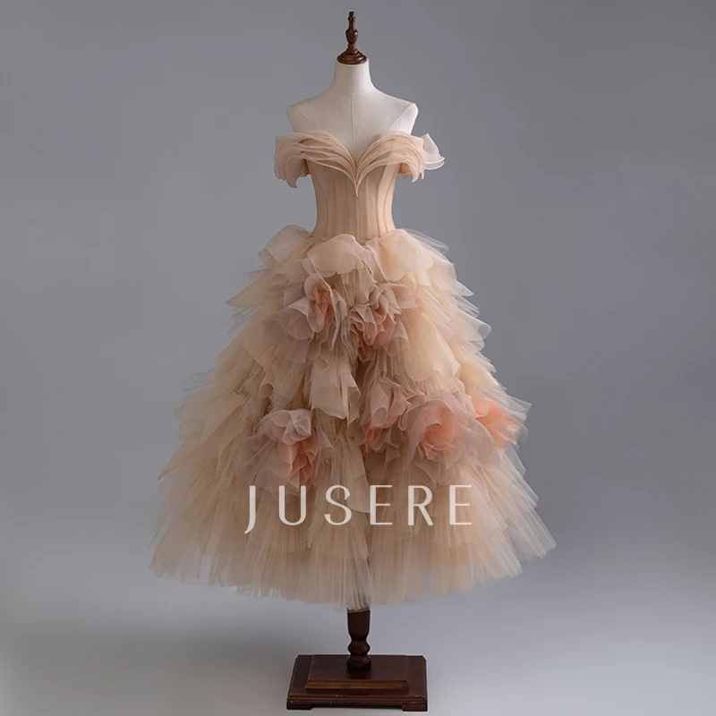 Elegant pleated off shoulder fitted bodice flowers ruffles aline evening dress girls party gown