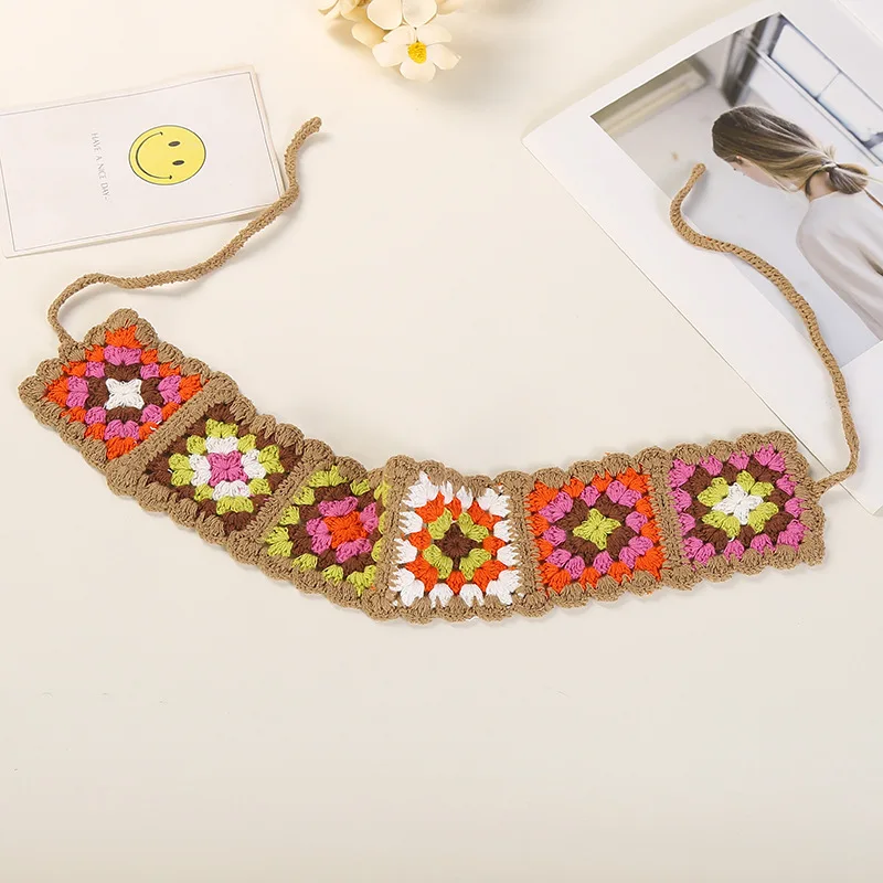 Hot Sale Wide Stretch Handmade Hair Elastic Band Color Knitted Headband Crochet Hair Bands For Women Flower Hair Accessories