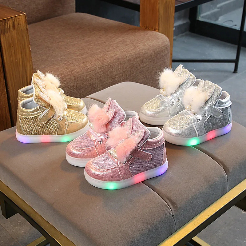 Wholesale luminous sneakers Princess girl collar boots Children luminous shoes Outdoor casual walking shoes