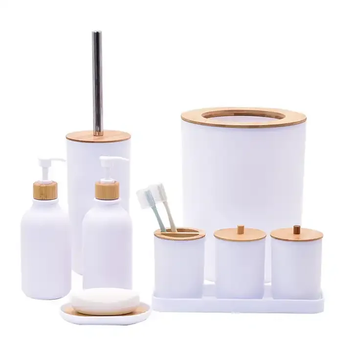 New Design 7pcs  Bathroom Set Accessories  Bamboo Cover  Plastic Bathroom Set