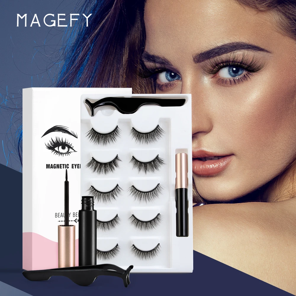 MAGEFY 5 pairs natural magnetic false eyelashes private label magnetic eyeliner and eyelashes kit