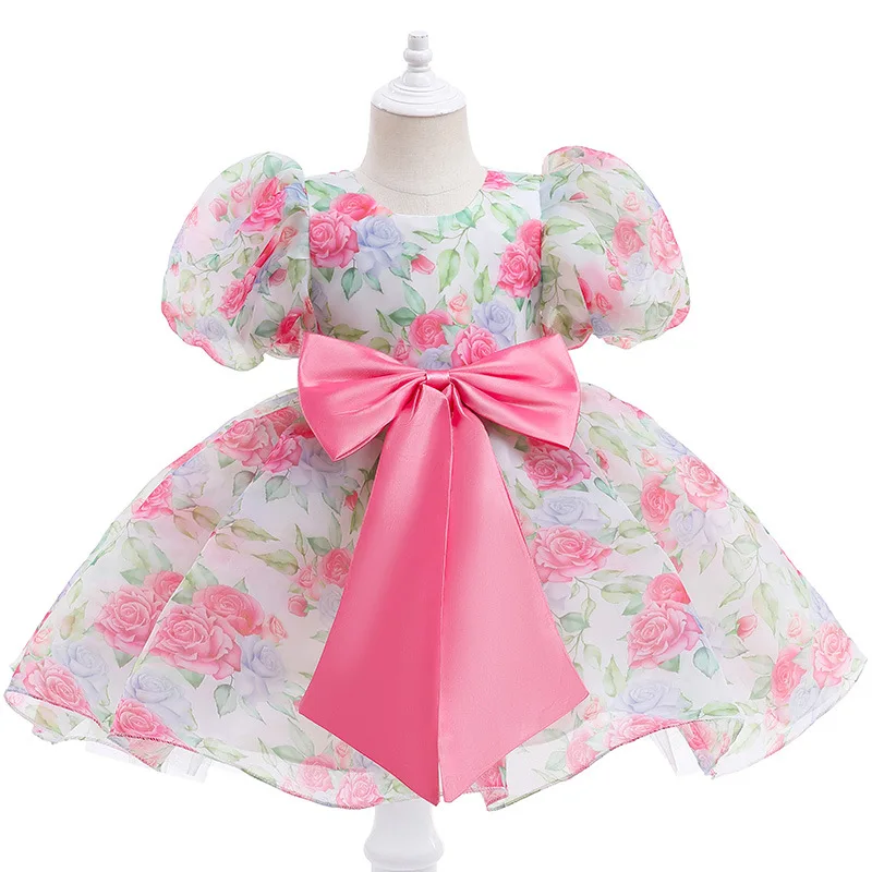 New girls dress puff sleeve girls floral dress solid color mesh princess dress tutu skirt