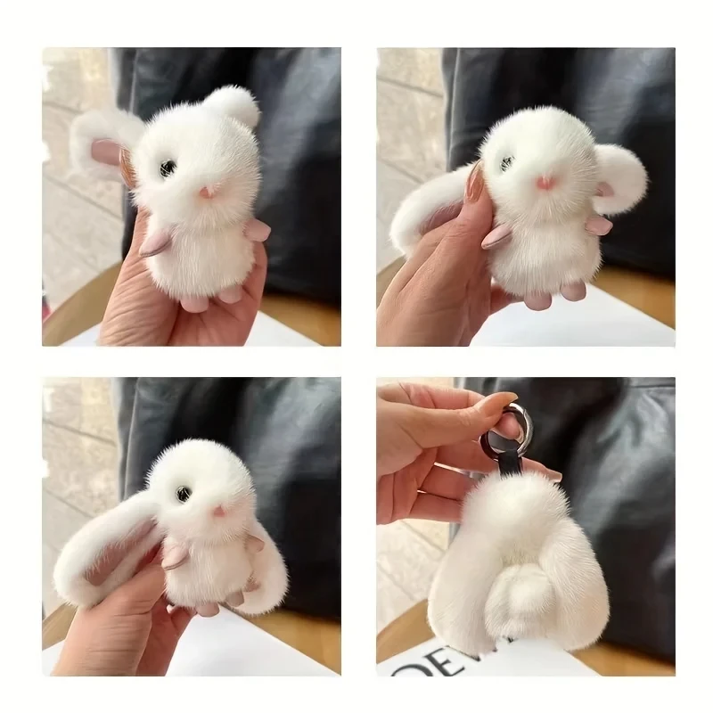 Bunny Stuffed Animal Plush Toy Rabbit Fur Keychain Fluffy Soft Chain Gift