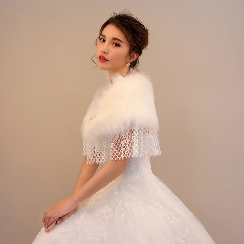 
Wholesale winter hot plush collar shawl mesh fabric tassel bridal imitation pearl buckle shawl 