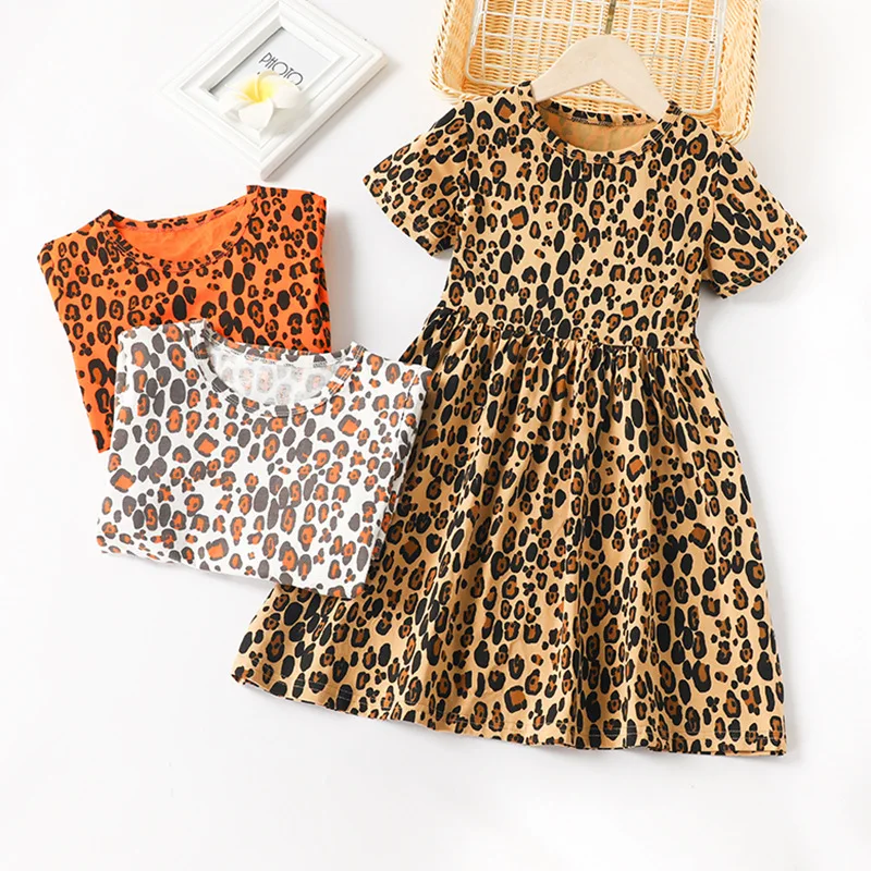Wholesale Boutique Kids Children Clothes Baby Girls Leopard Print Summer Cotton Dress