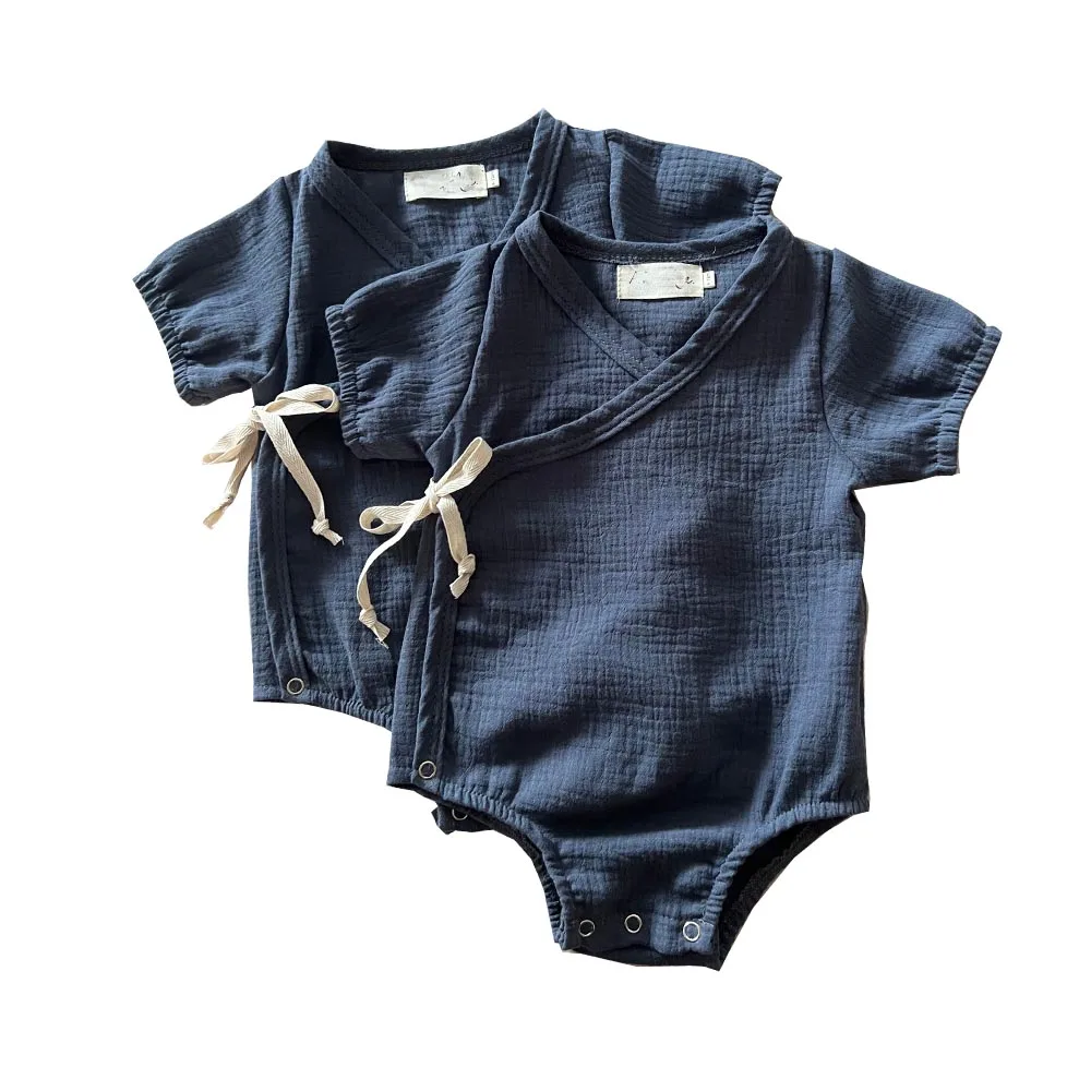 Summer Newborn Onesie Short Sleeve Kimono Bodysuit with Snap Button Solid Fabric Baby Romper