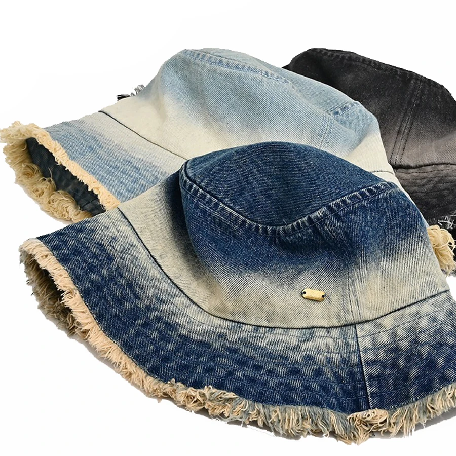 Vintage Washed Edge Contrast Custom Design Denim Bucket Fisherman Hat