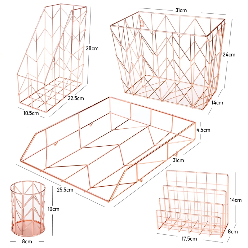 5 Piece Desk Accessories Set Rose Gold Wire Desk Set for Women Letter Tray Pen Holder Mail Sorter Desk Organizer Set