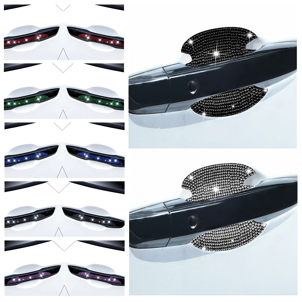 8pcs Bling Car Kit Car Door Handle Protector Shiny Rhinestones Scratch-Resistant Stickers Door Cup Handle Protective Film