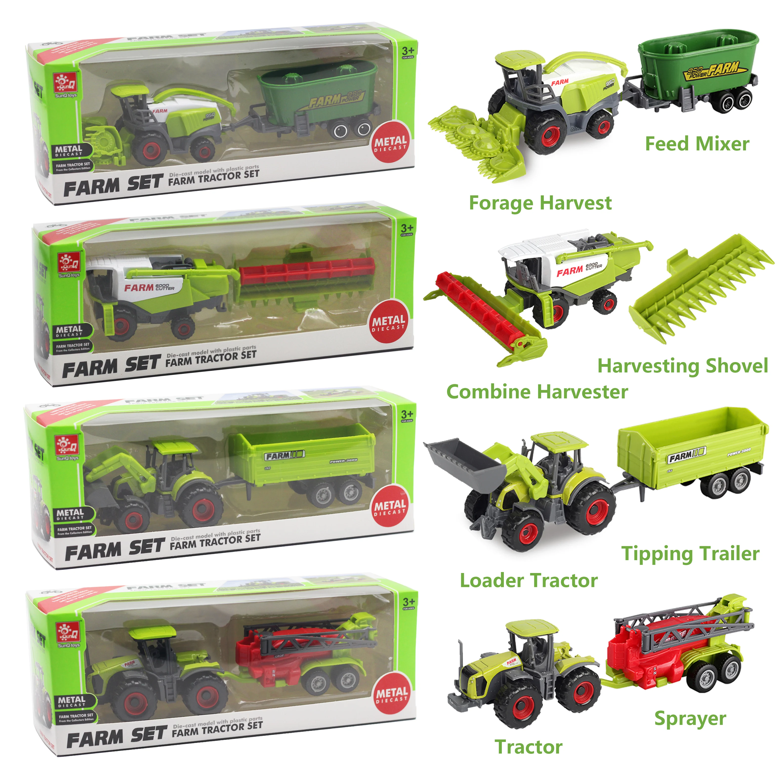 SunQ Multifunctional metal diecast vehicle toy car farm 24pcs alloy toy tractor trailer set