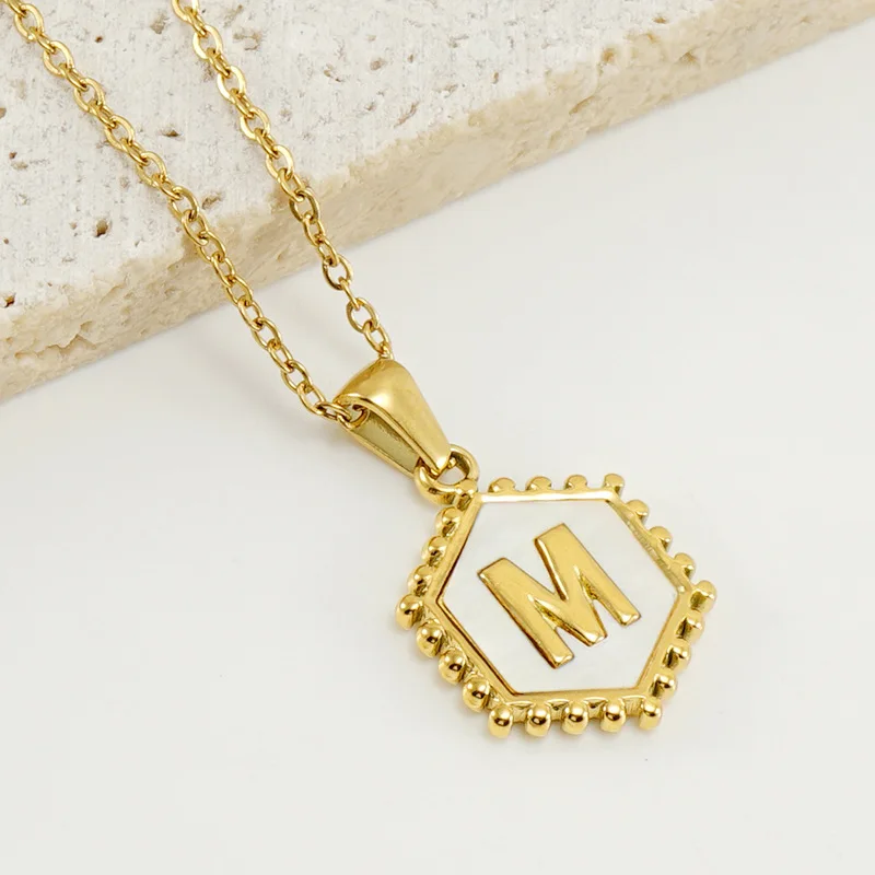 Wholesale New English Alphabet Letter Choker Jewelry 18K Gold Plated Stainless Steel Hexagon Shell Name Initial Pendent Necklace