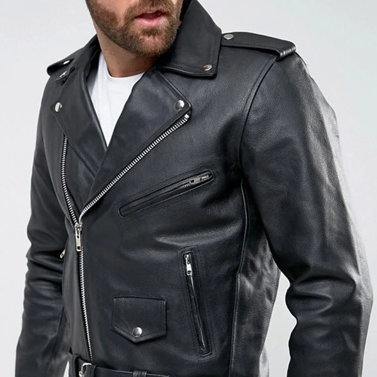 Custom Design Black Vintage Zipper Front Moto Leather Biker Jacket For Men