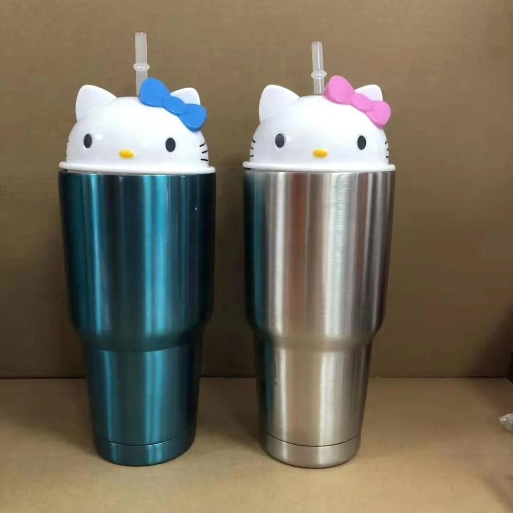 
30oz stainless steel vacuum insulated tumbler with hello kitty cap,new cat shape straw lid 