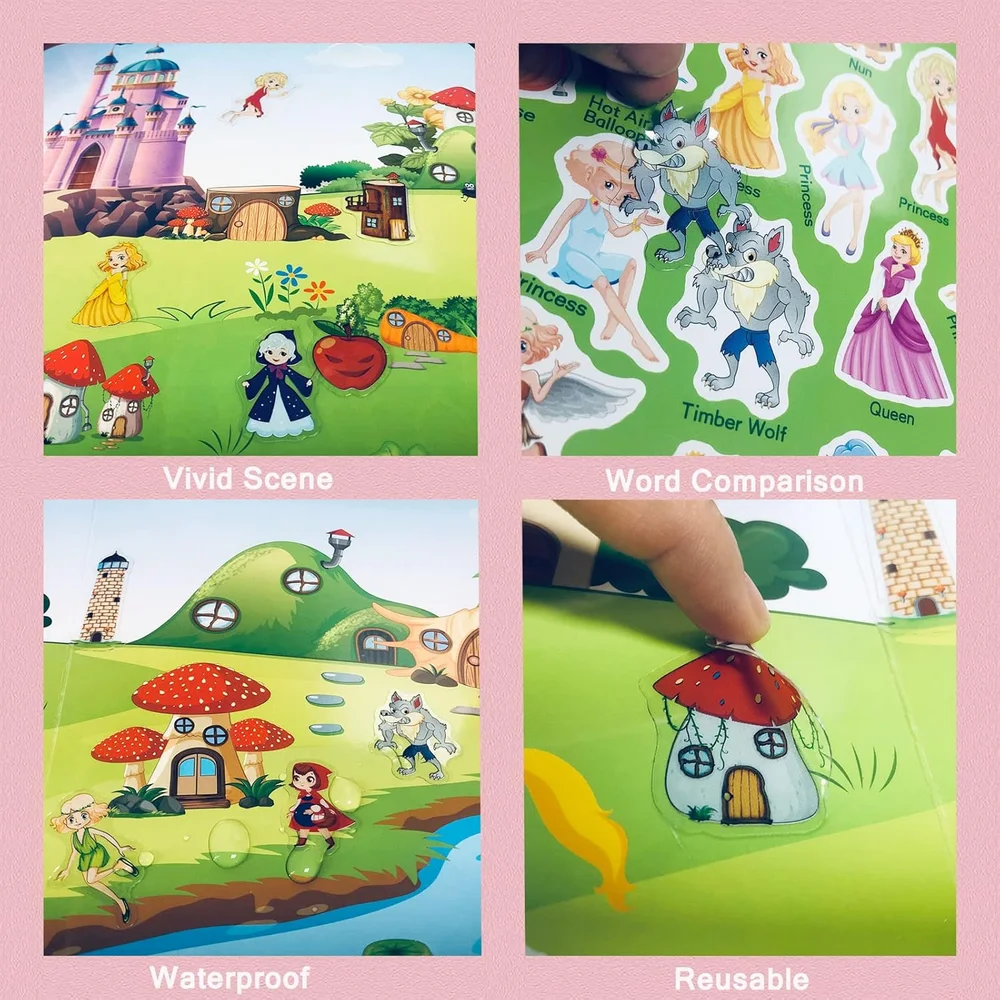 Reusable waterproof princess castle fairy tale game princess wolf cartoon theme static sticker activity book for kids