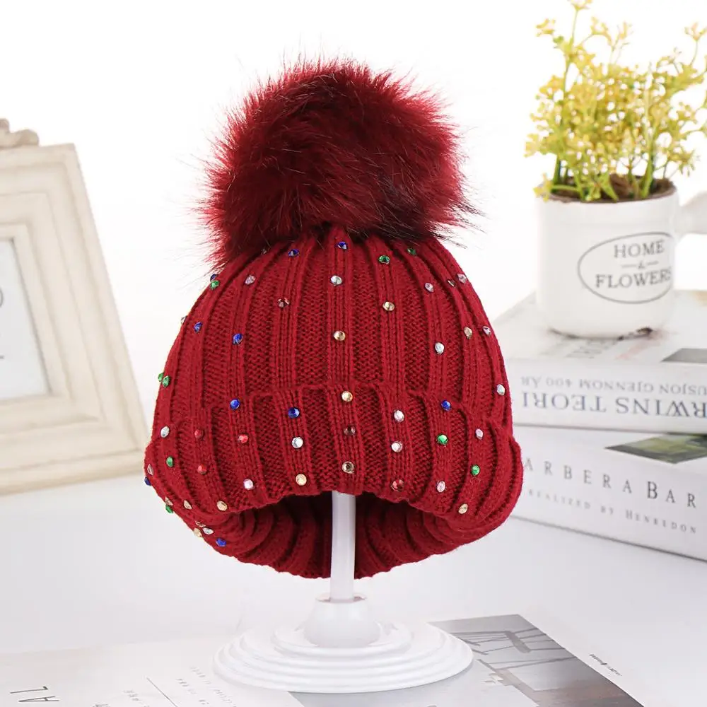 Europe autumn and winter color diamond wool knit children hat earmuffs cap wholesale cute warm color rhinestone kids knit hats