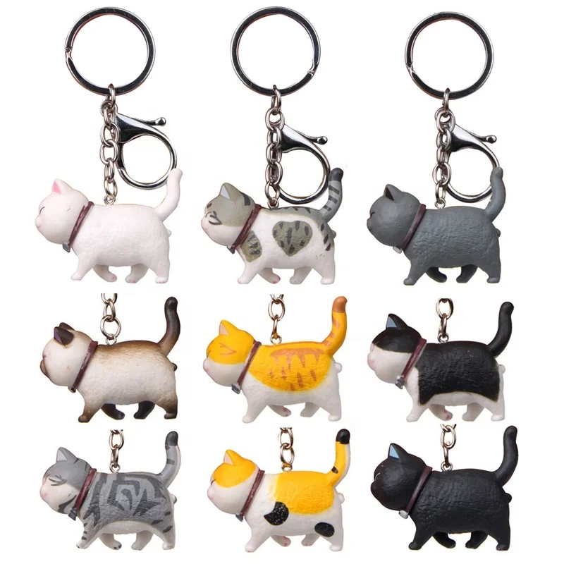9 pcs Resin Toy Model Key Ring Key Chain Cute Animal Keyring Anime Action Figure Keychain Cat