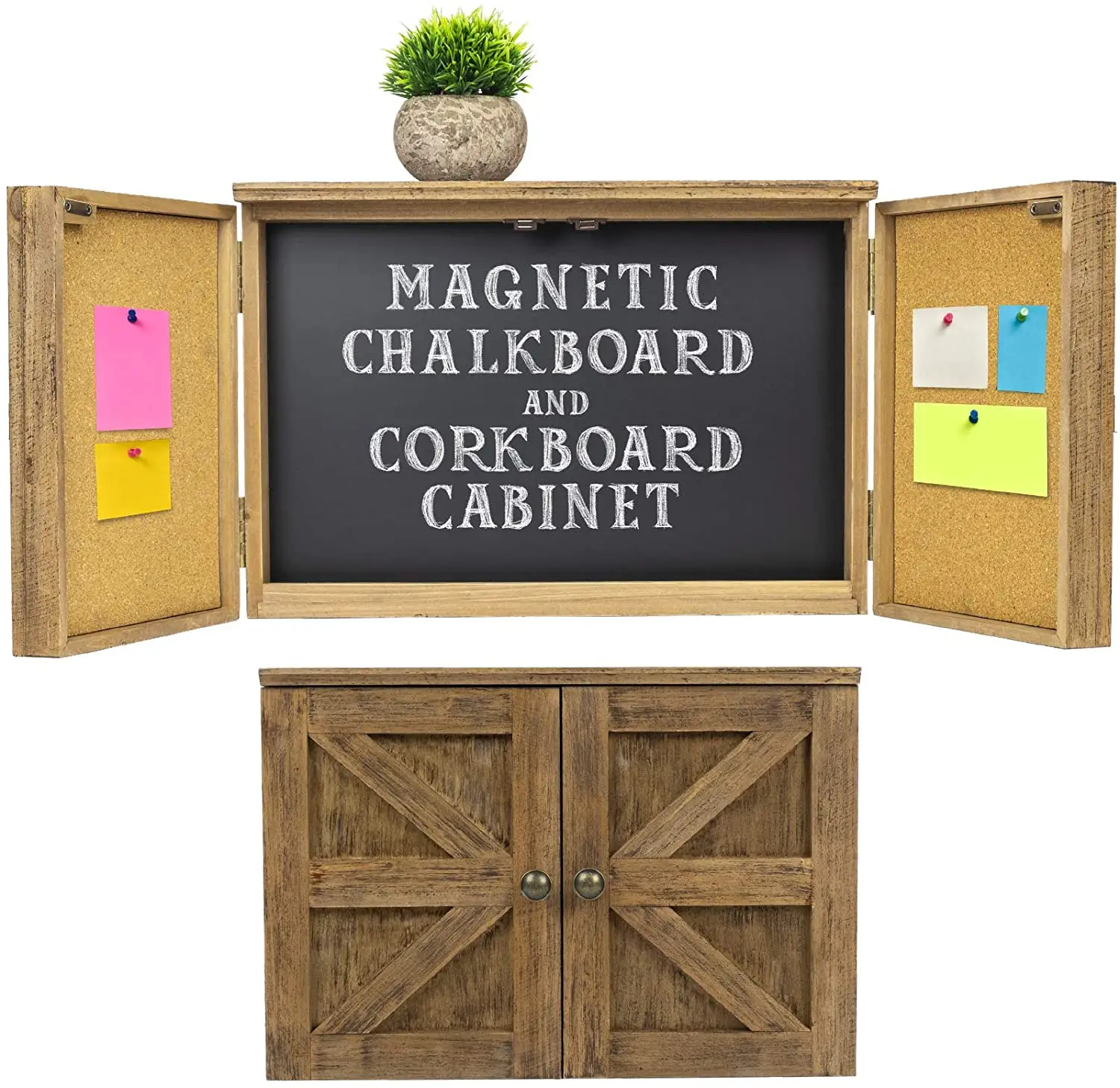 
Wooden Rustic Magnetic Chalkboard, Cork Board and Erasable Chalk Board Organizer Display Shelf and Key Hooks (Brown) 