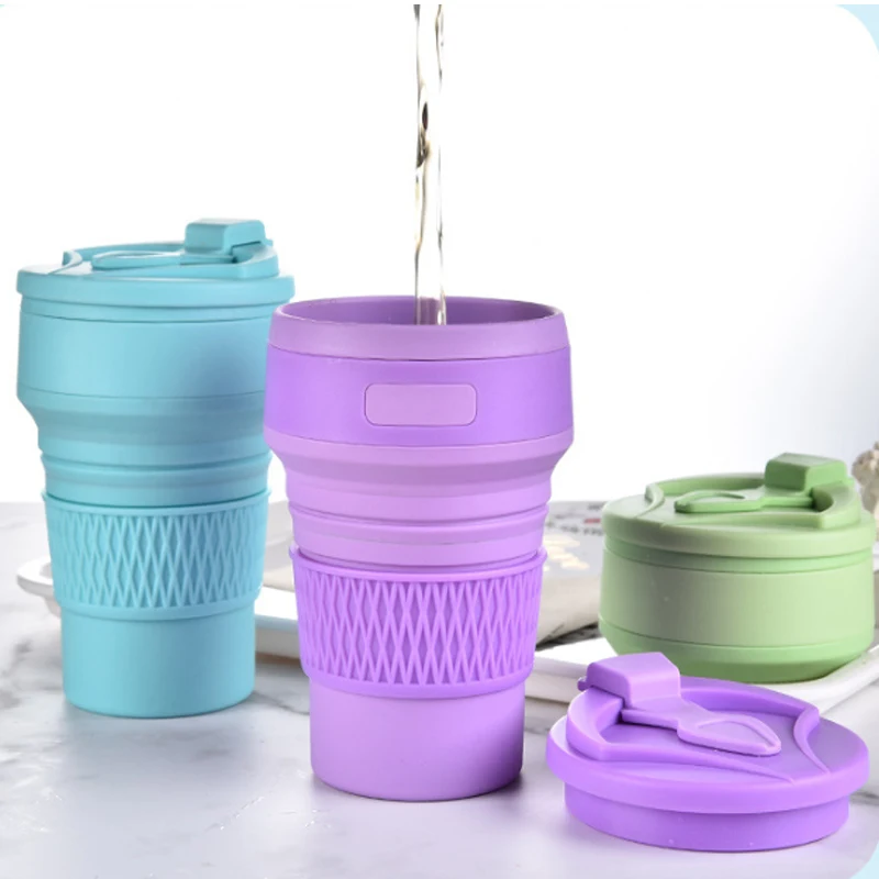 BPA-free  350 ml leak proof portable Silicone foldable Travel mug  Heat Resistant Collapsible Coffee Cups With Lids