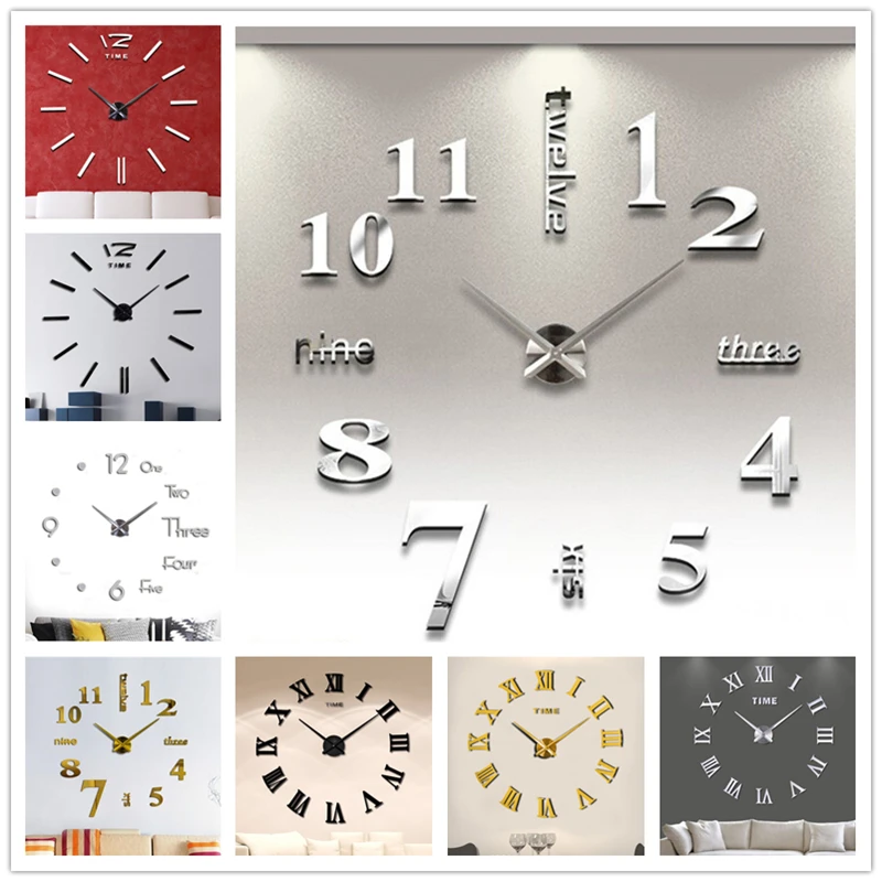 Acrylic Mirror Stickers Clock Wall Clocks Giant Quartz Adhesive Wallpaper Murals 3D DIY Hanging Watch Home Decor Living Room Art