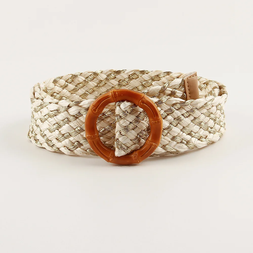 REWIN 2022 New Trend Wide Apricot Shinny Metallic Straw Woven Belts With Wood Bamboo Rings Buckle